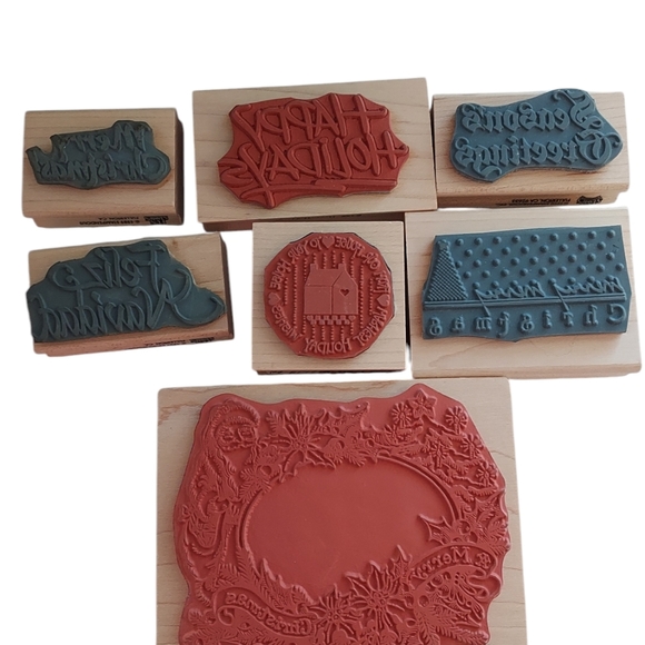 Wooden Merry Christmas Happy Holiday Rubber Stamps Lot Of 7 Assorted - Picture 4 of 7
